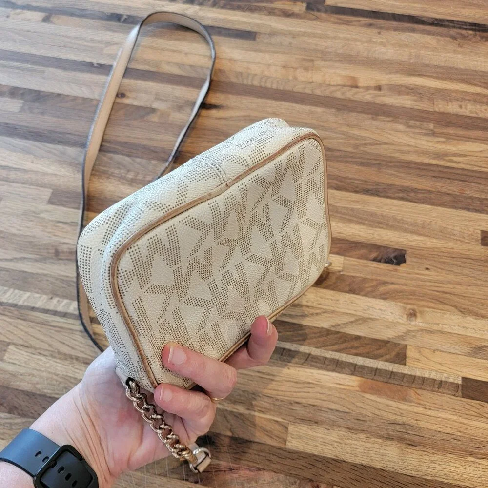 Michael Kors Jet Set Travel Signature Logo Canvas Small Crossbody Vanilla/Acorn - Picture 7 of 16